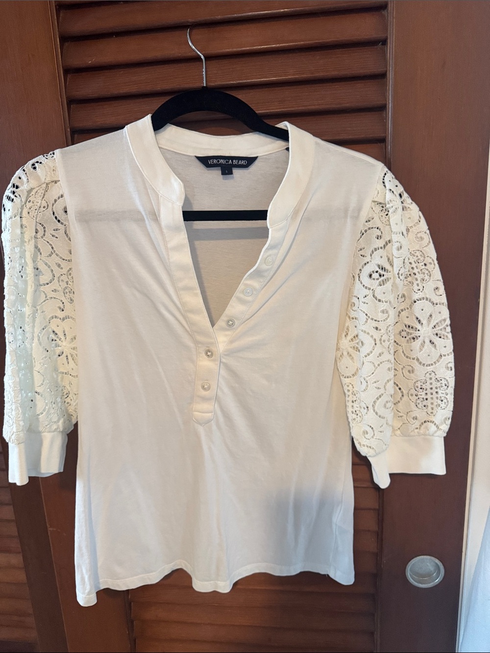 Veronica Beard Ivory Lace Sleeve Button-Front Henley